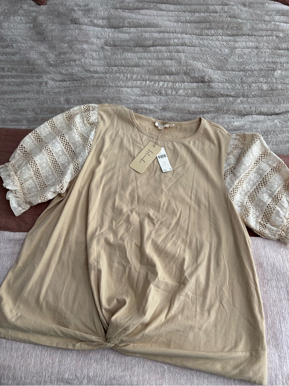 Anthropologie NWT Neutral Beige Knit Top with Lace Puff Sleeves